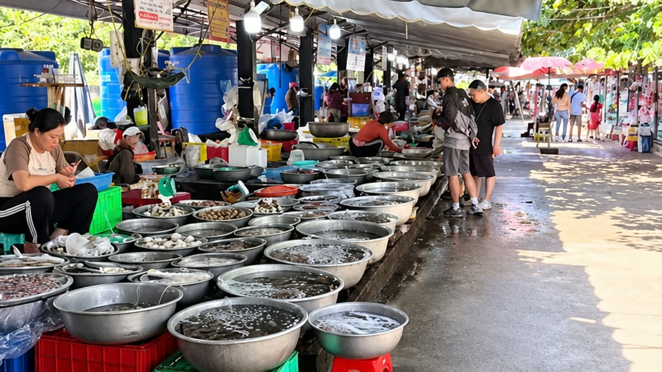 Các quầy hải sản và khách mua hàng tại chợ hải sản Hồ Tràm